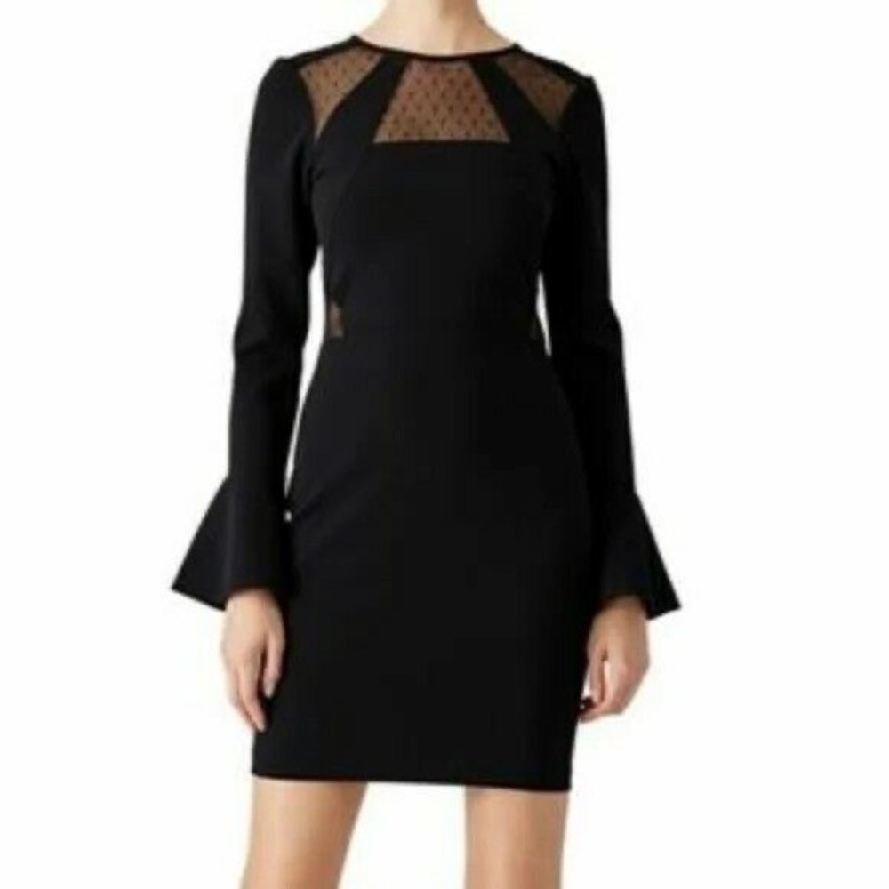 Parker Illusion Mesh Bell Sleeve Stretch Fitted Dress Black 45248